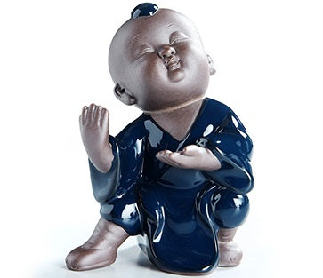 Blue Glazed Kongfu Monk Tea Pet Statue Embrace The Moon In The Arms