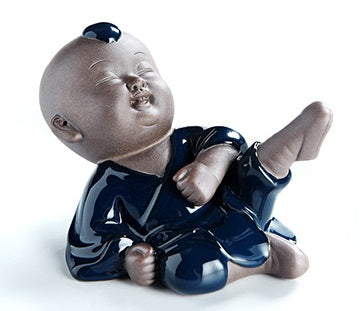 Blue Glazed Kongfu Monk Tea Pet Statue Tailwhip