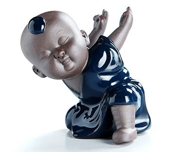 Blue Glazed Kongfu Monk Tea Pet Statue Wings Spread Style
