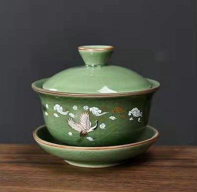 Chinese Teapot Gaiwan Tea Bowl Ice Cracked Jade Crane